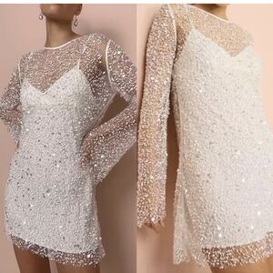 White Sequin Sparkle Mini Dress with Long Sleeves and Slip (new, no tags)